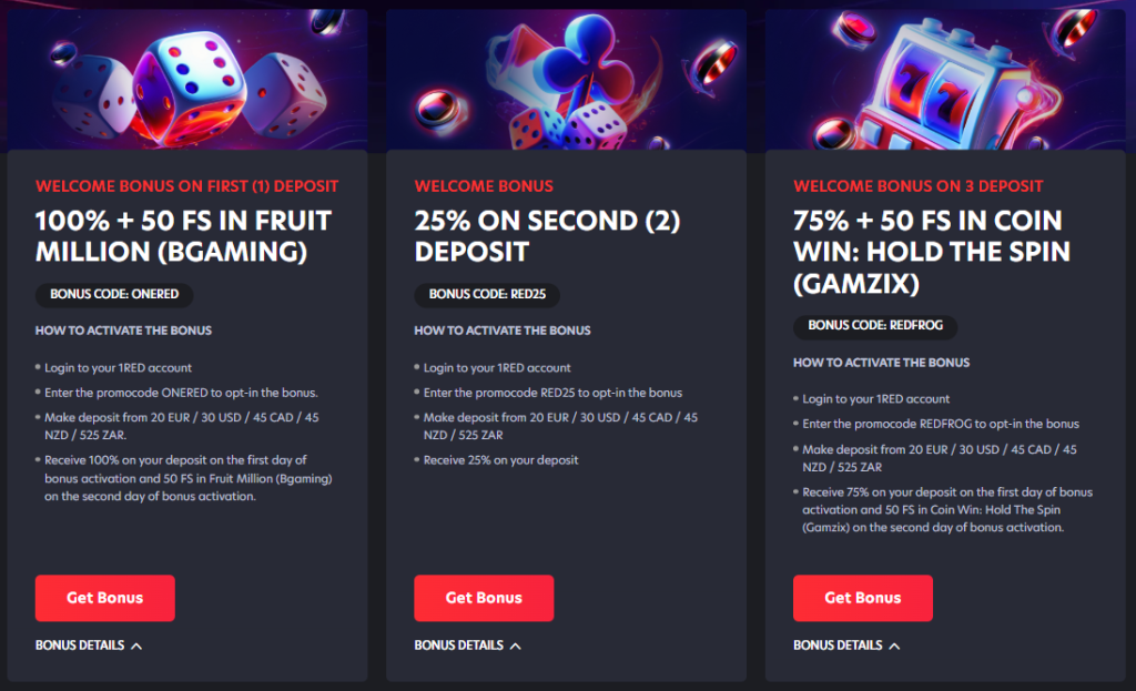 1RED Casino bonus screenshot