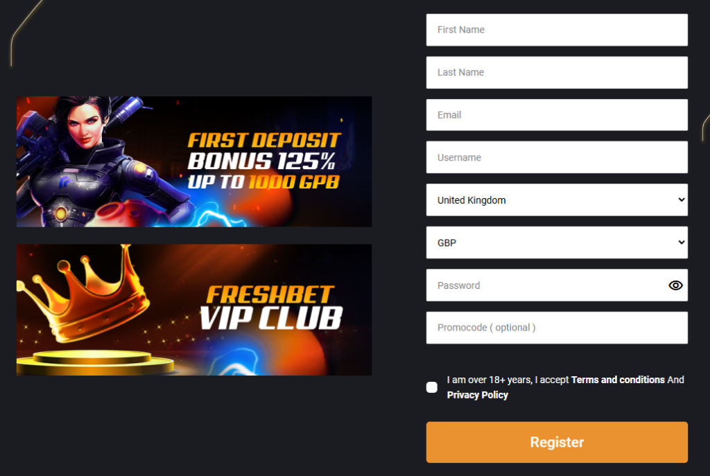 Freshbet Casino login screenshot