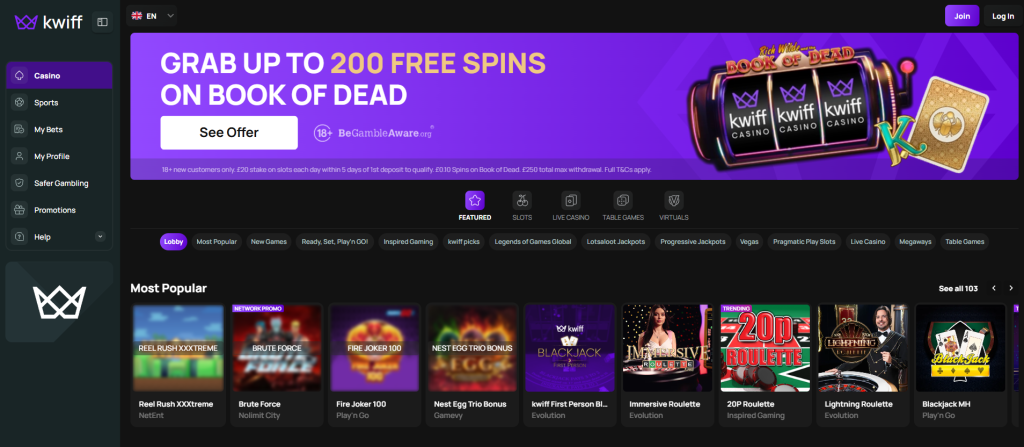 Kwiff Casino screenshot
