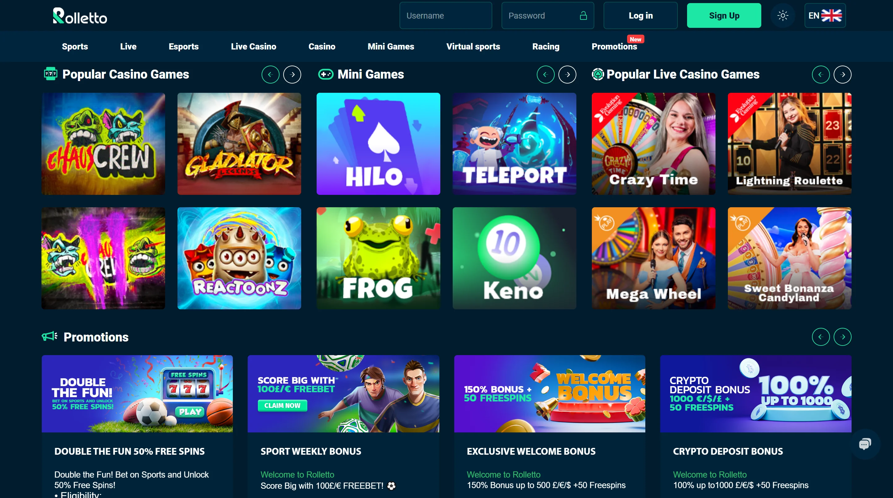 Rolletto Casino Games Screenshot