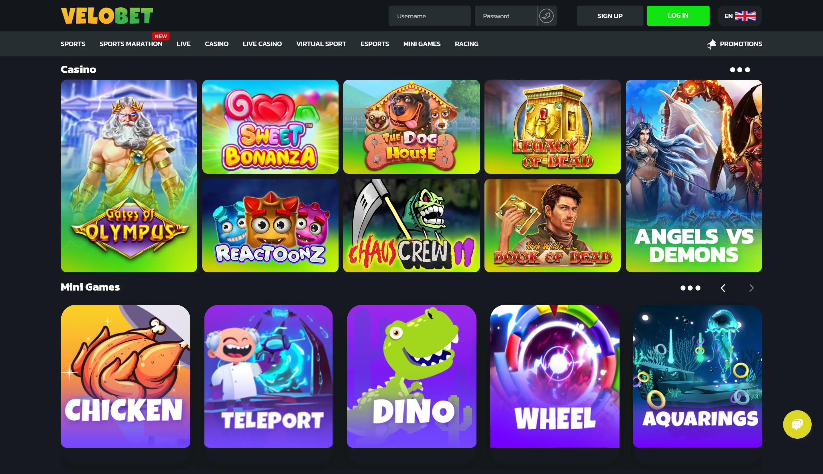 Velobet Casino Games Screenshot